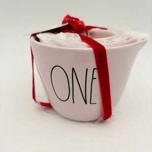 Rae Dunn Artisan Collection Set of 4 Pink Measuring Cups Heart Detail Red Ribbon
